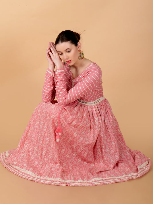 Suique Coral Printed Anarkali Set