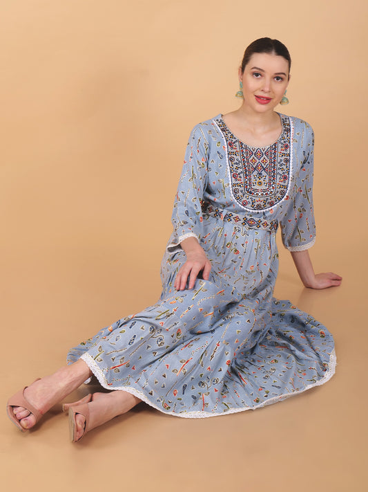 Suique Charming Blue Folkloric Printed Gown