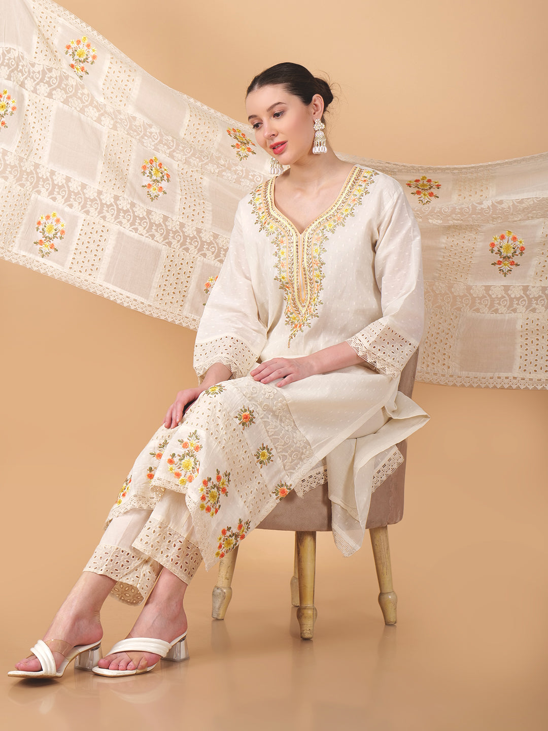 Suique Embroidered Beige Floral Suit Set