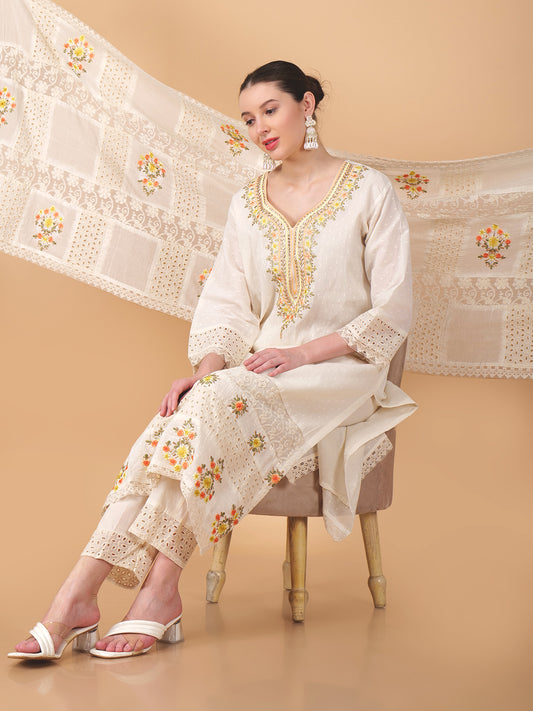 Suique Embroidered Beige Floral Suit Set
