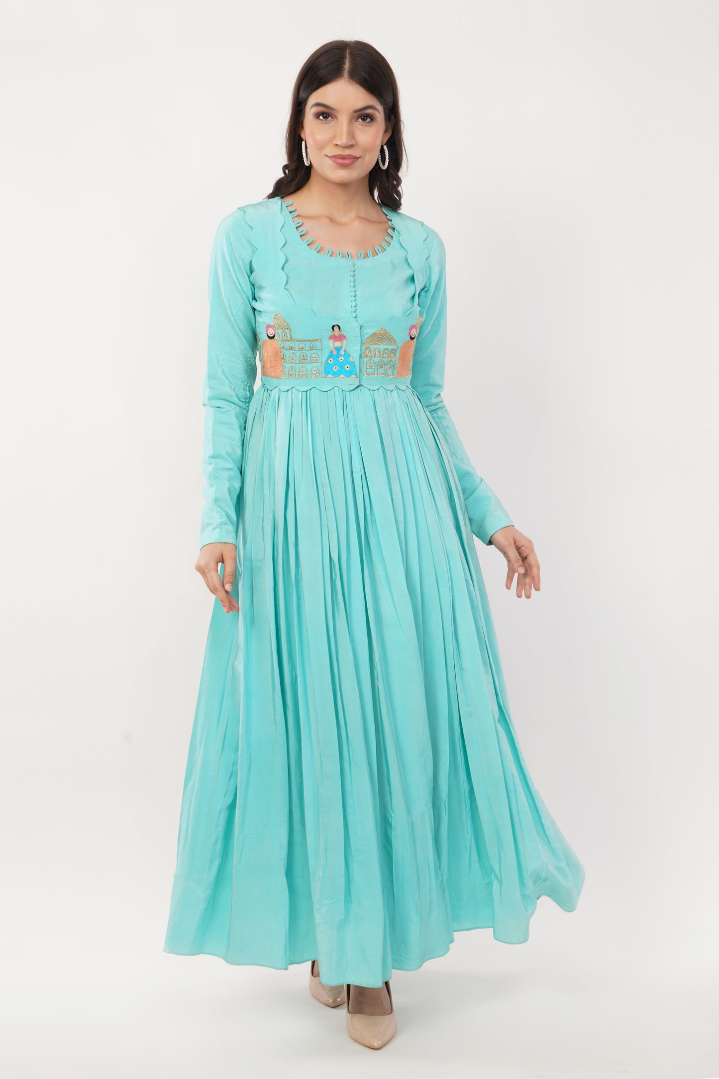 Suique Sky- Blue Embroidered Flowy Dress