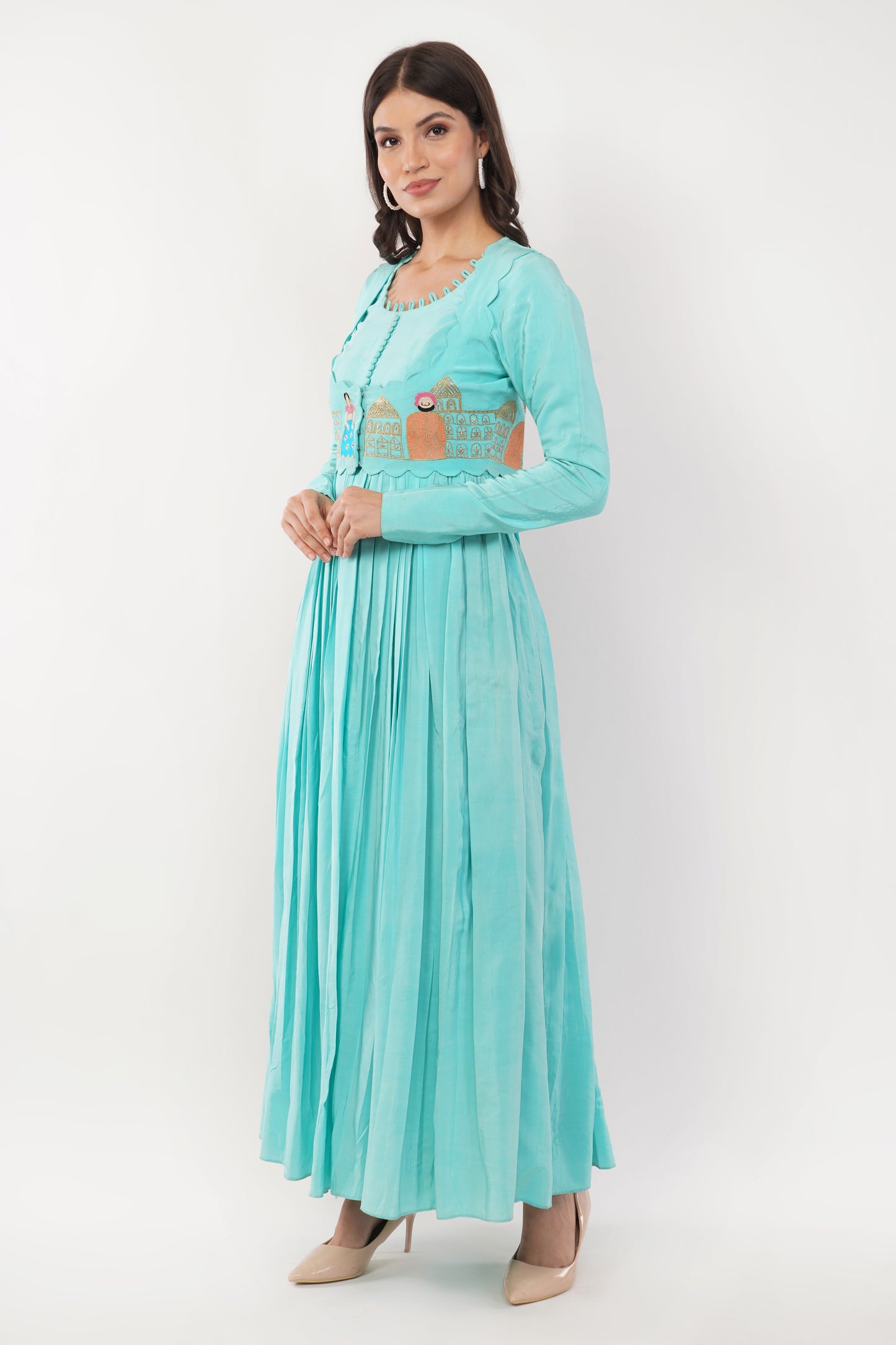 Suique Sky- Blue Embroidered Flowy Dress