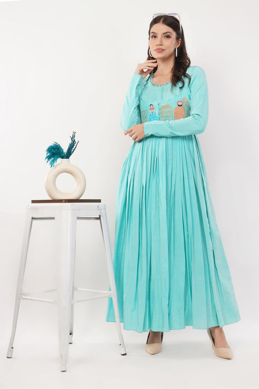 Suique Sky- Blue Embroidered Flowy Dress