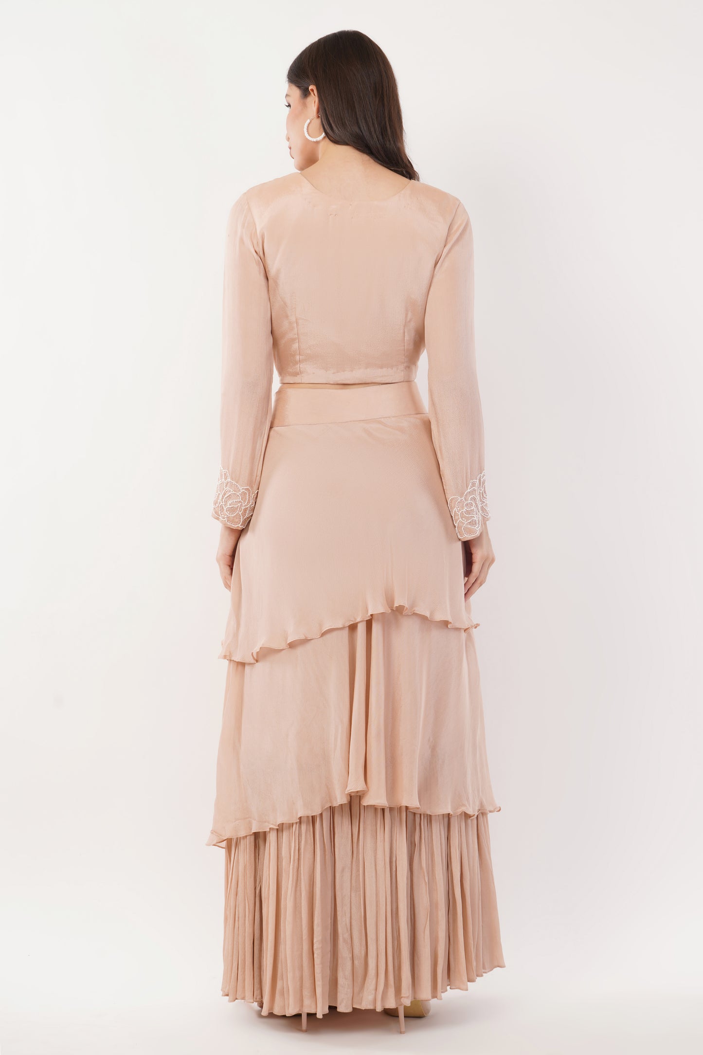 Suique Graceful Blush Tiered Dress with Handcrafted Pearl Detailing