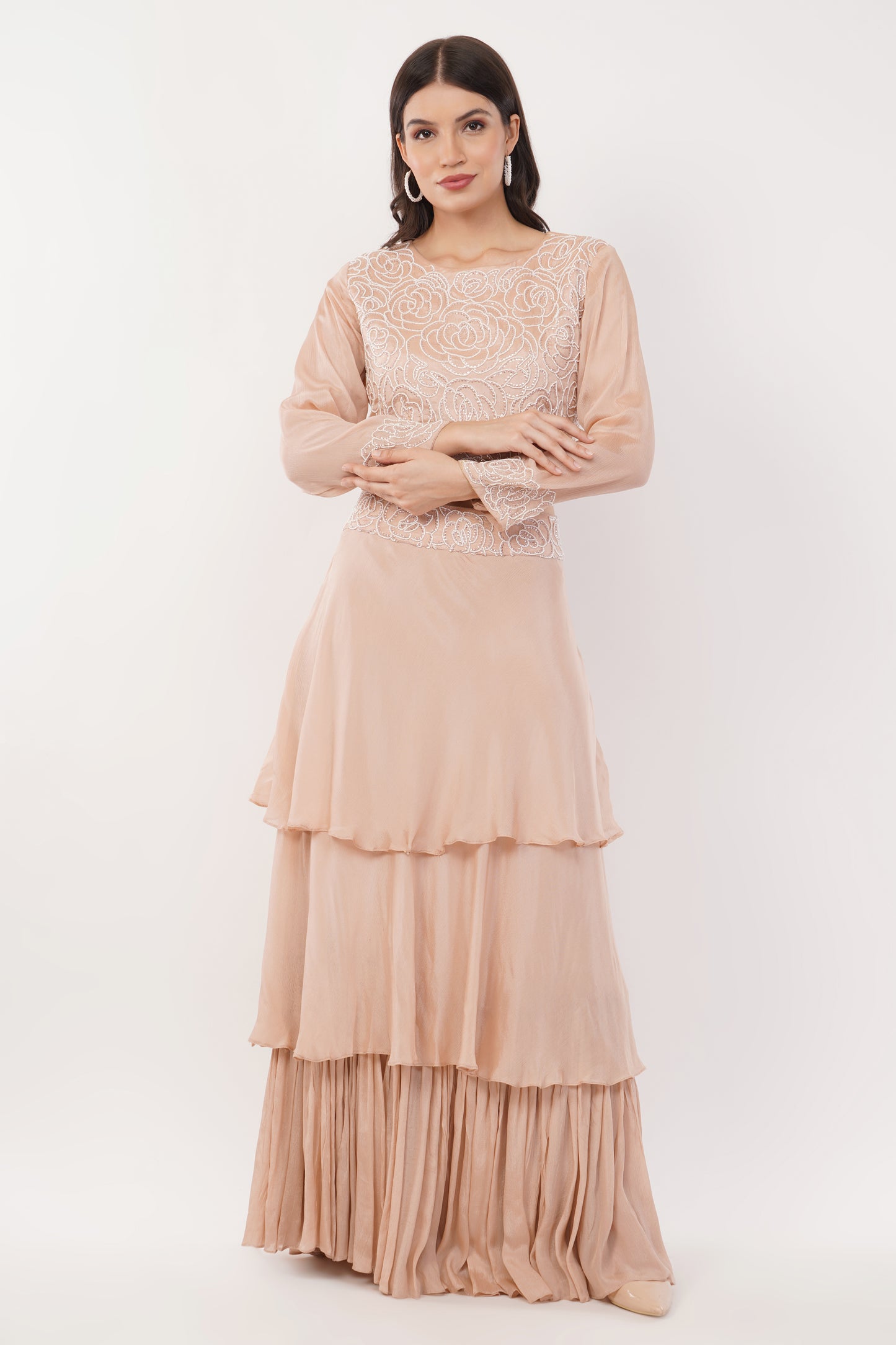 Suique Graceful Blush Tiered Dress with Handcrafted Pearl Detailing