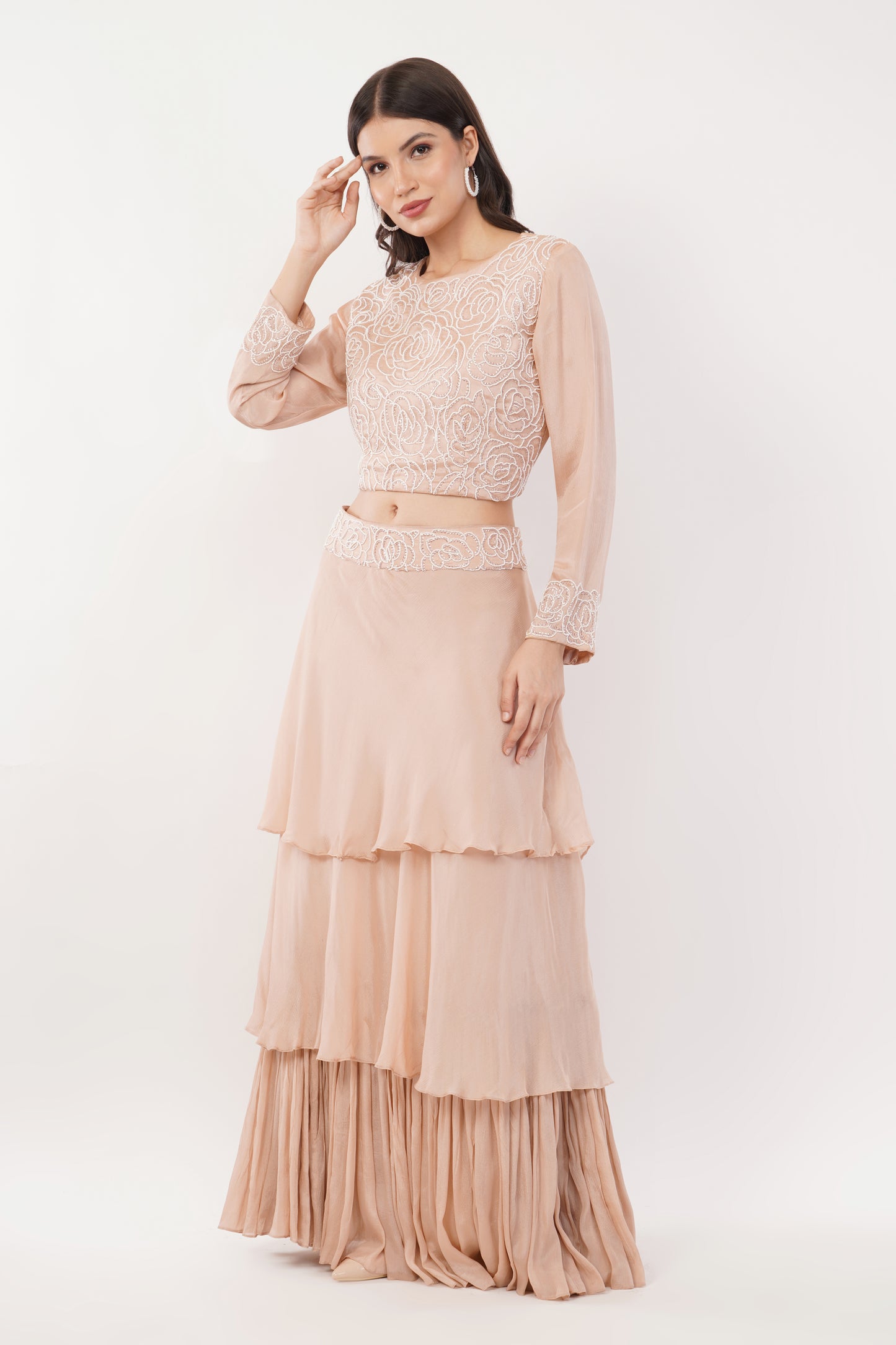 Suique Graceful Blush Tiered Dress with Handcrafted Pearl Detailing