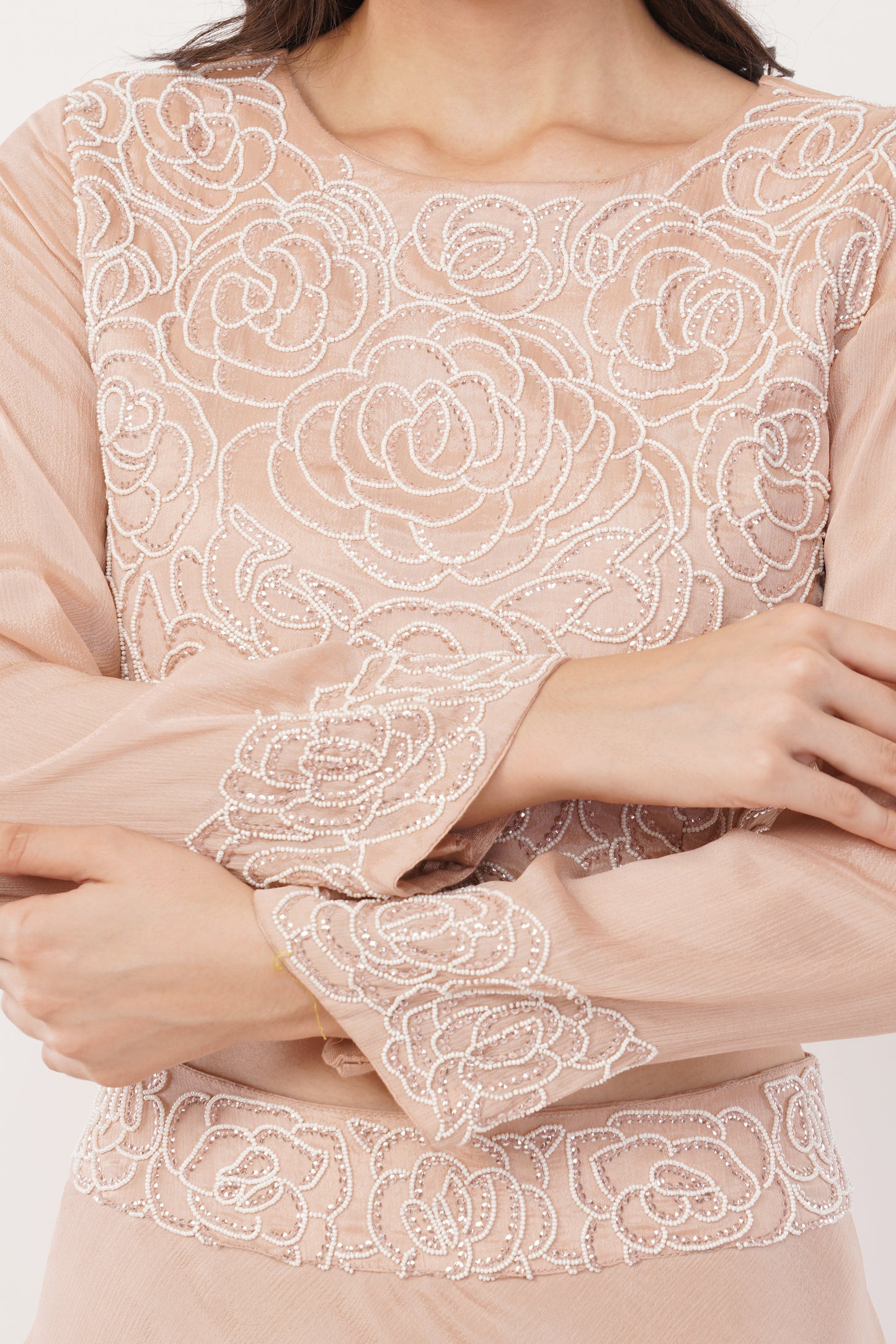 Suique Graceful Blush Tiered Dress with Handcrafted Pearl Detailing