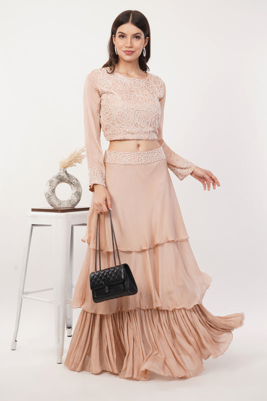 Suique Graceful Blush Tiered Dress with Handcrafted Pearl Detailing