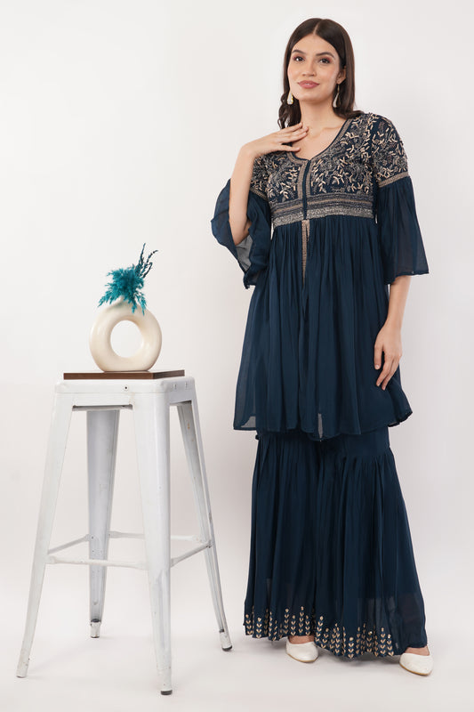 Suique Navy Tiered Ensemble with Embroidered Detail Garara Set