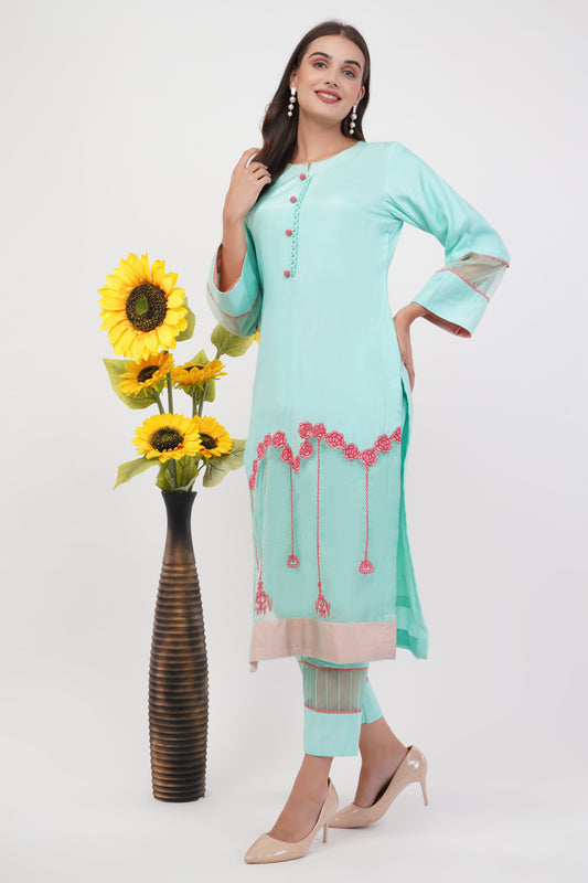 Suique Sea Green Embroidered Kurta Set