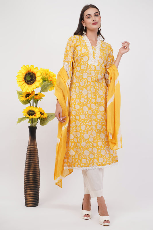 Suique Sunny Yellow Printed Suit Set