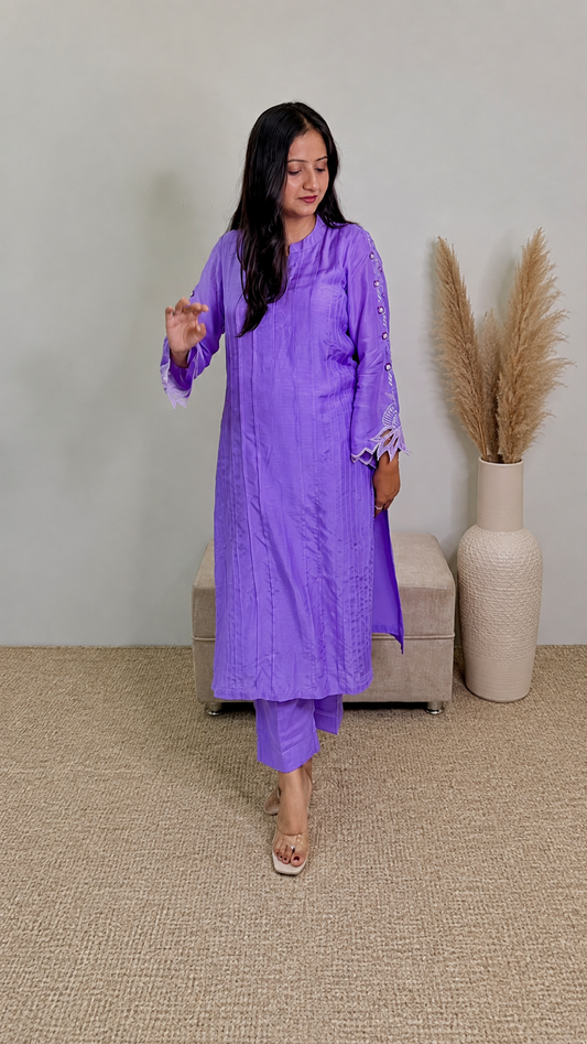 Lavender Pleated Muslin Kurta Set