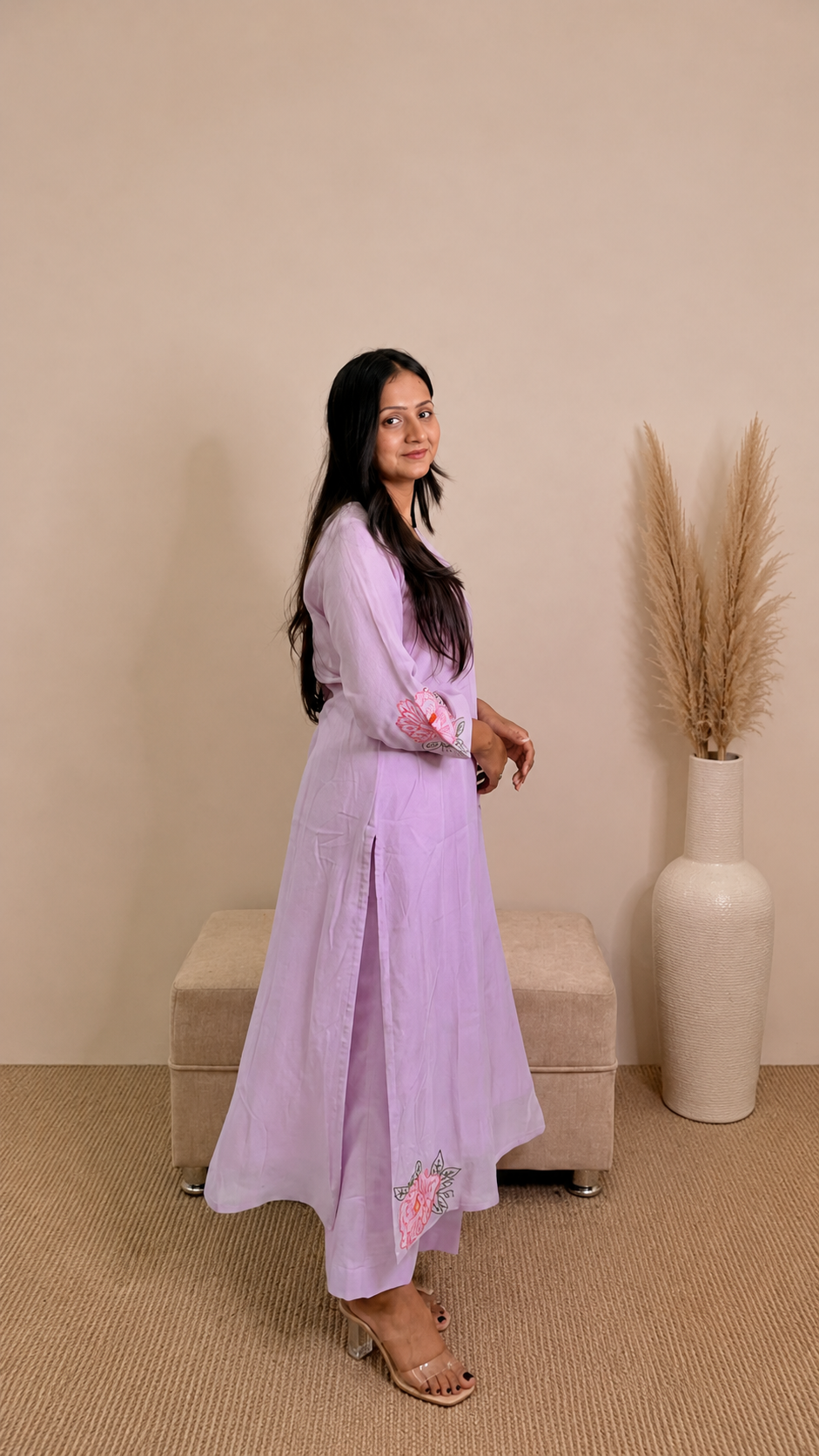 Lilac Mul Mul Floral Kurta Set