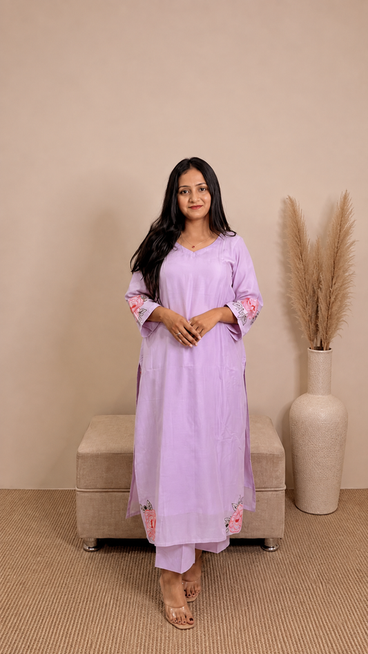 Lilac Mul Mul Floral Kurta Set