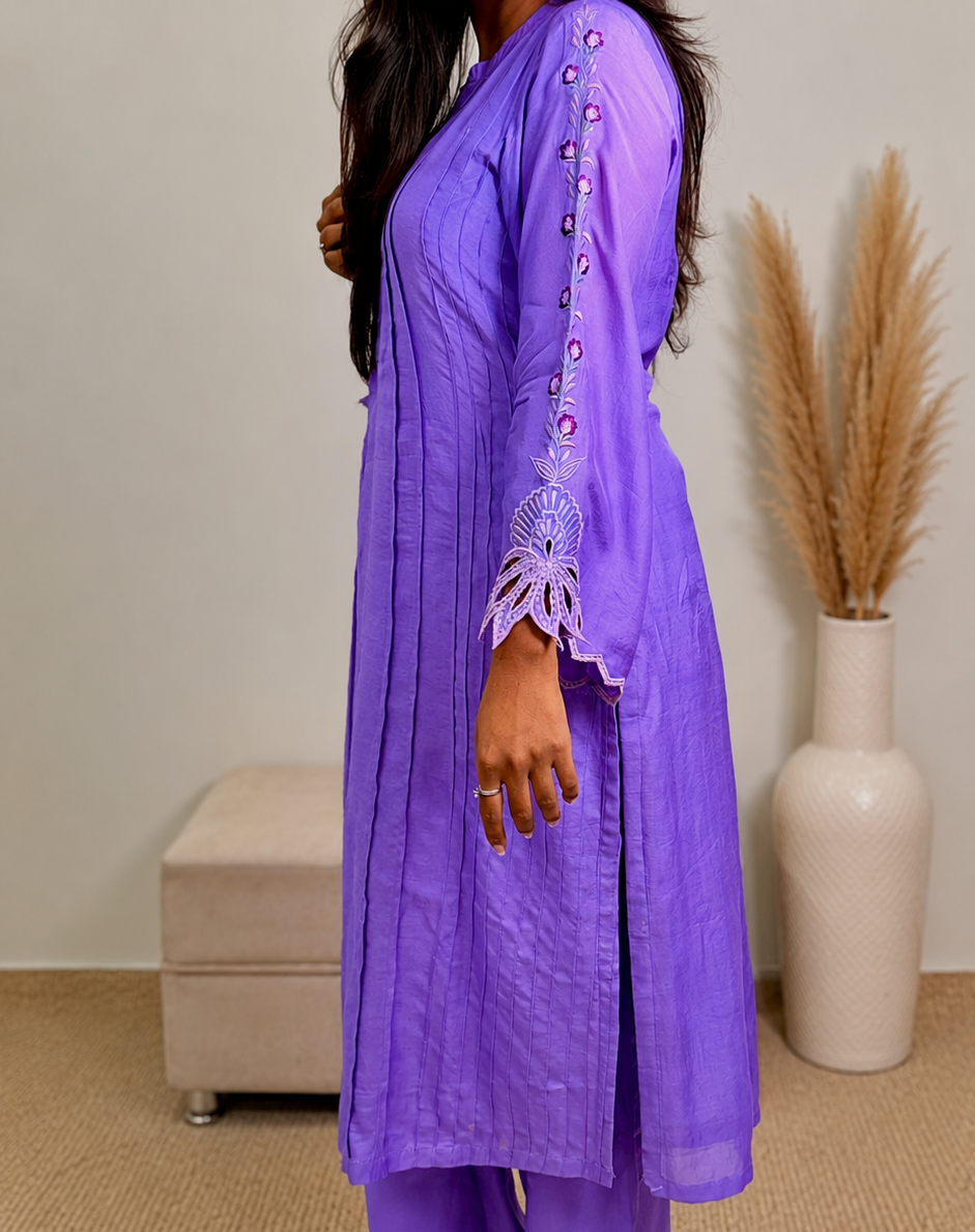 Lavender Pleated Muslin Kurta Set