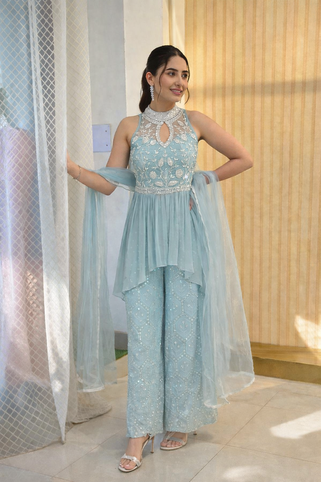 Powder Blue Embroidered Peplum Palazzo Set