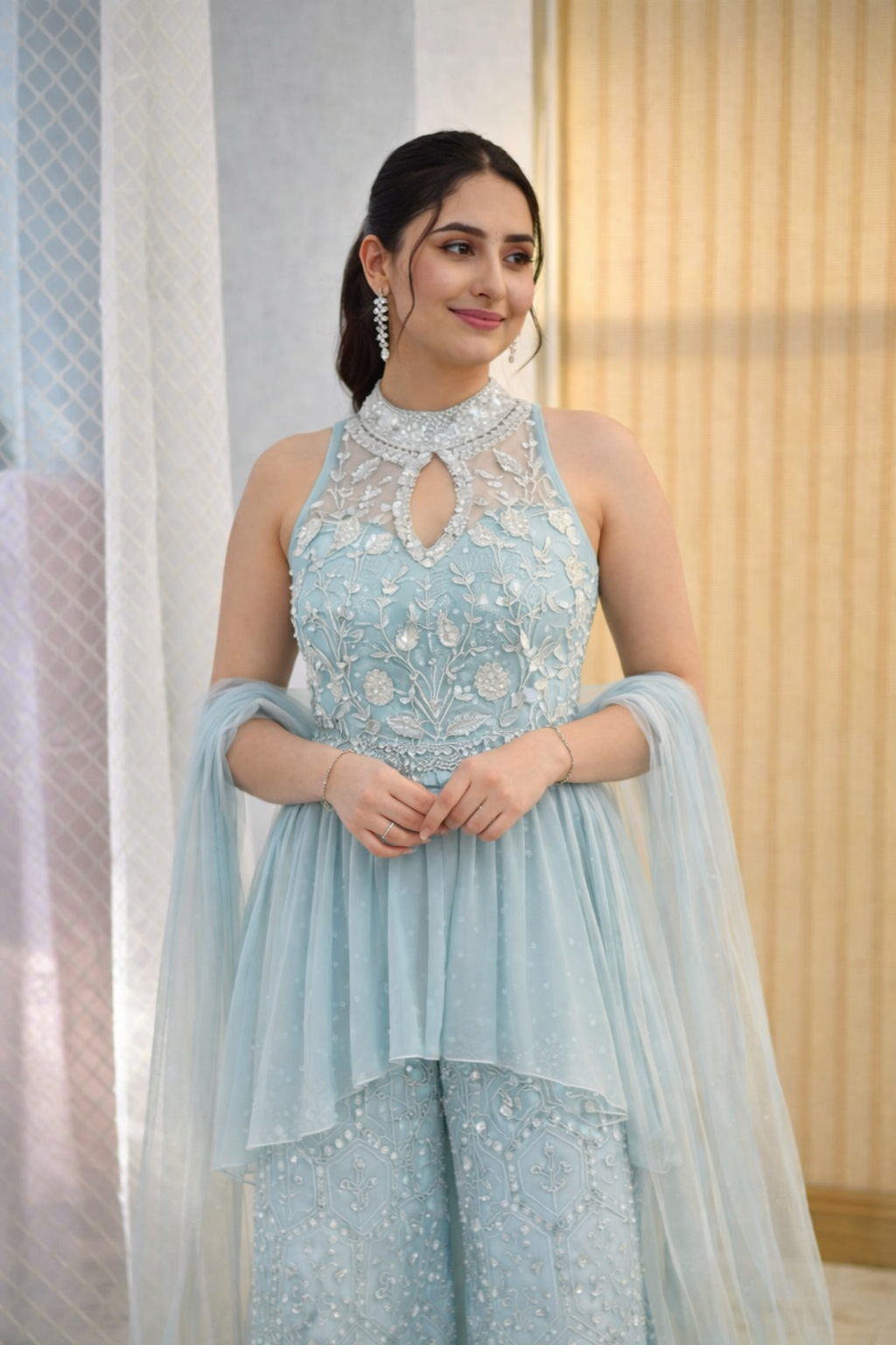 Powder Blue Embroidered Peplum Palazzo Set