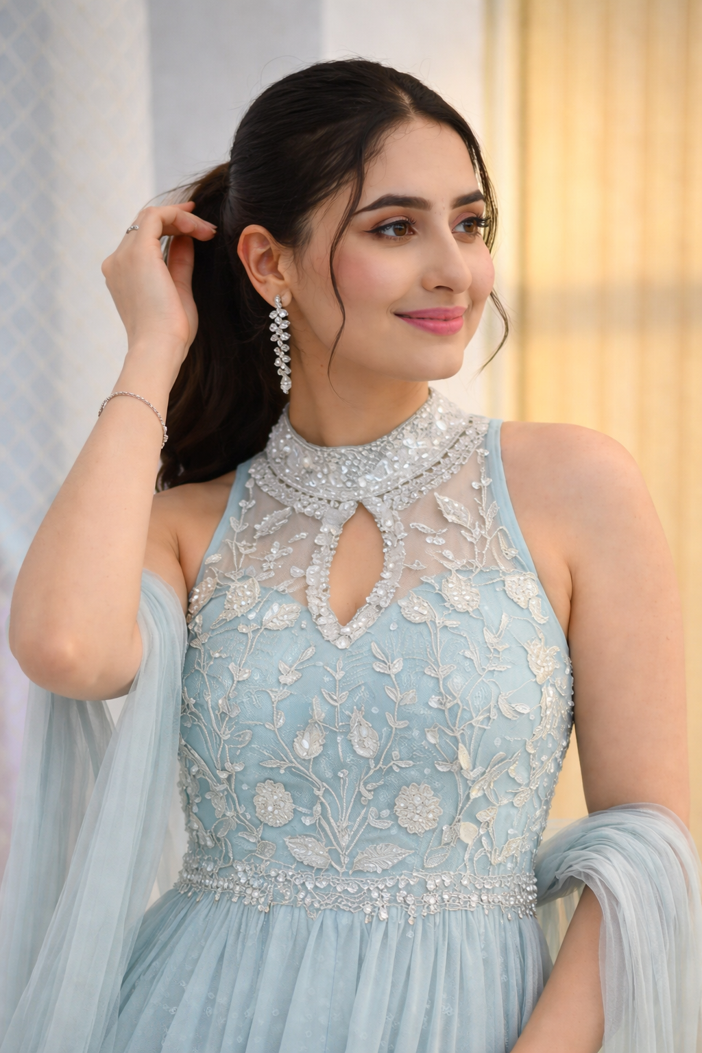 Powder Blue Embroidered Peplum Palazzo Set