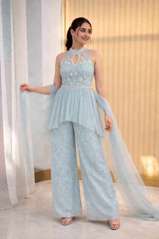Powder Blue Embroidered Peplum Palazzo Set