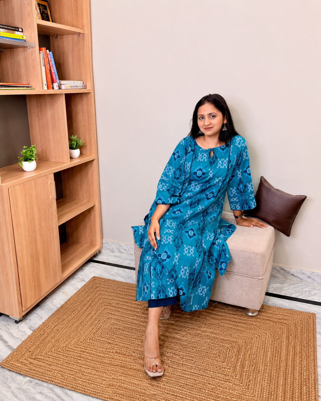 Blue Printed Cotton A-Line Kurta Set