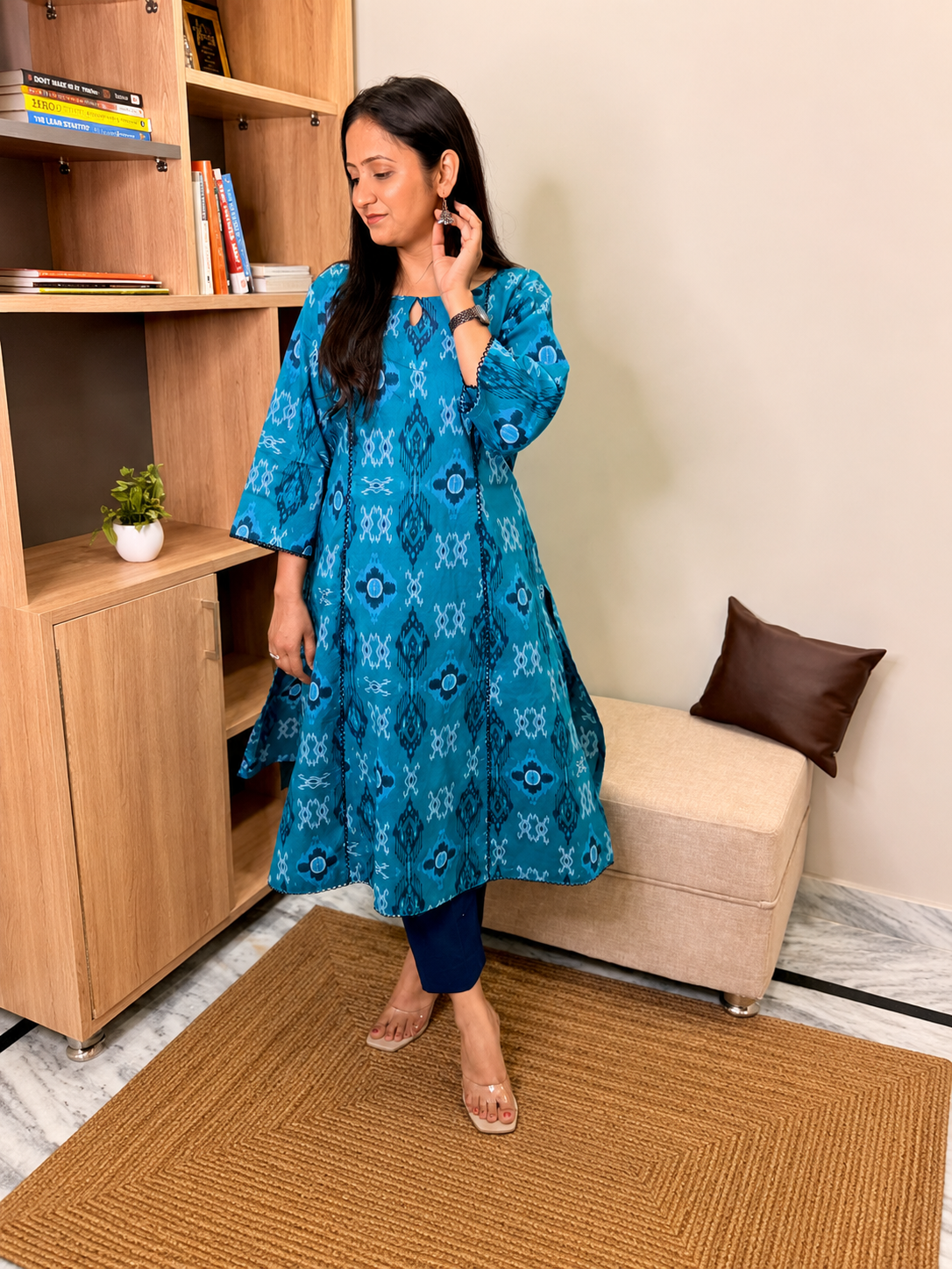 Blue Printed Cotton A-Line Kurta Set