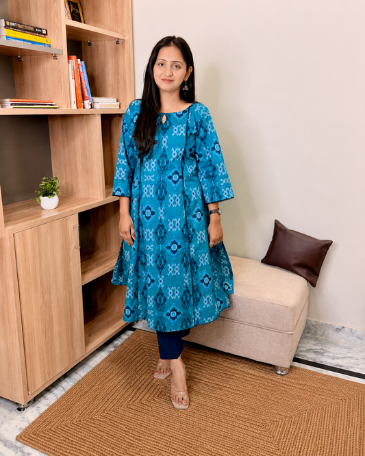 Blue Printed Cotton A-Line Kurta Set