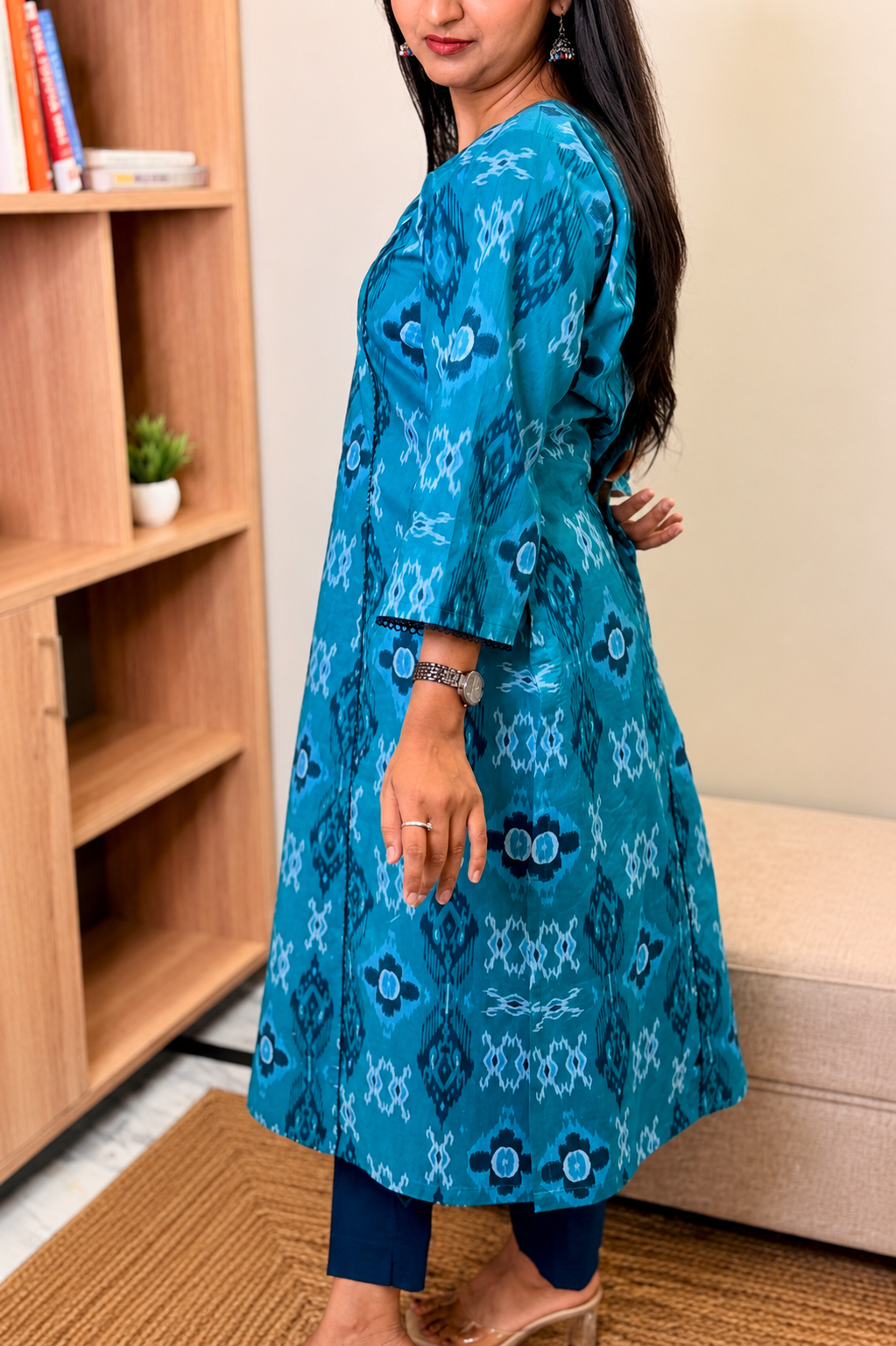 Blue Printed Cotton A-Line Kurta Set
