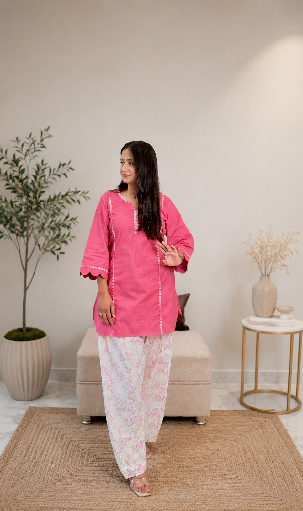 Pink Cotton Kurta Set with Printed Farshi Salwar