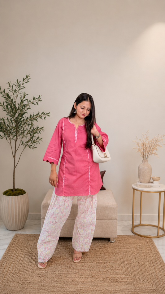 Pink Cotton Kurta Set with Printed Farshi Salwar