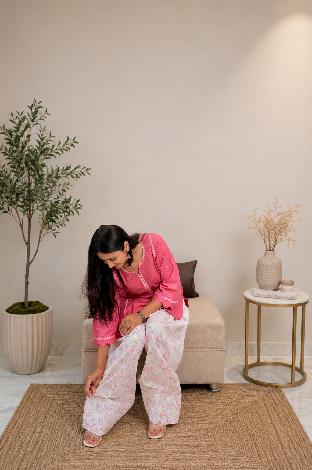 Pink Cotton Kurta Set with Printed Farshi Salwar