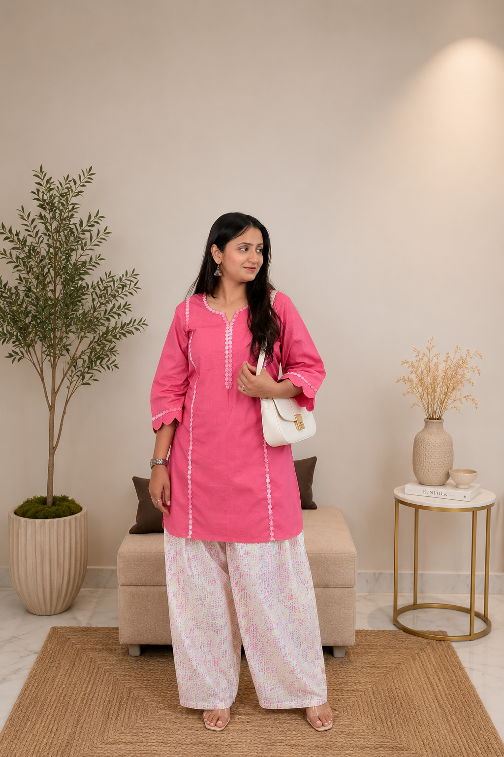 Pink Cotton Kurta Set with Printed Farshi Salwar