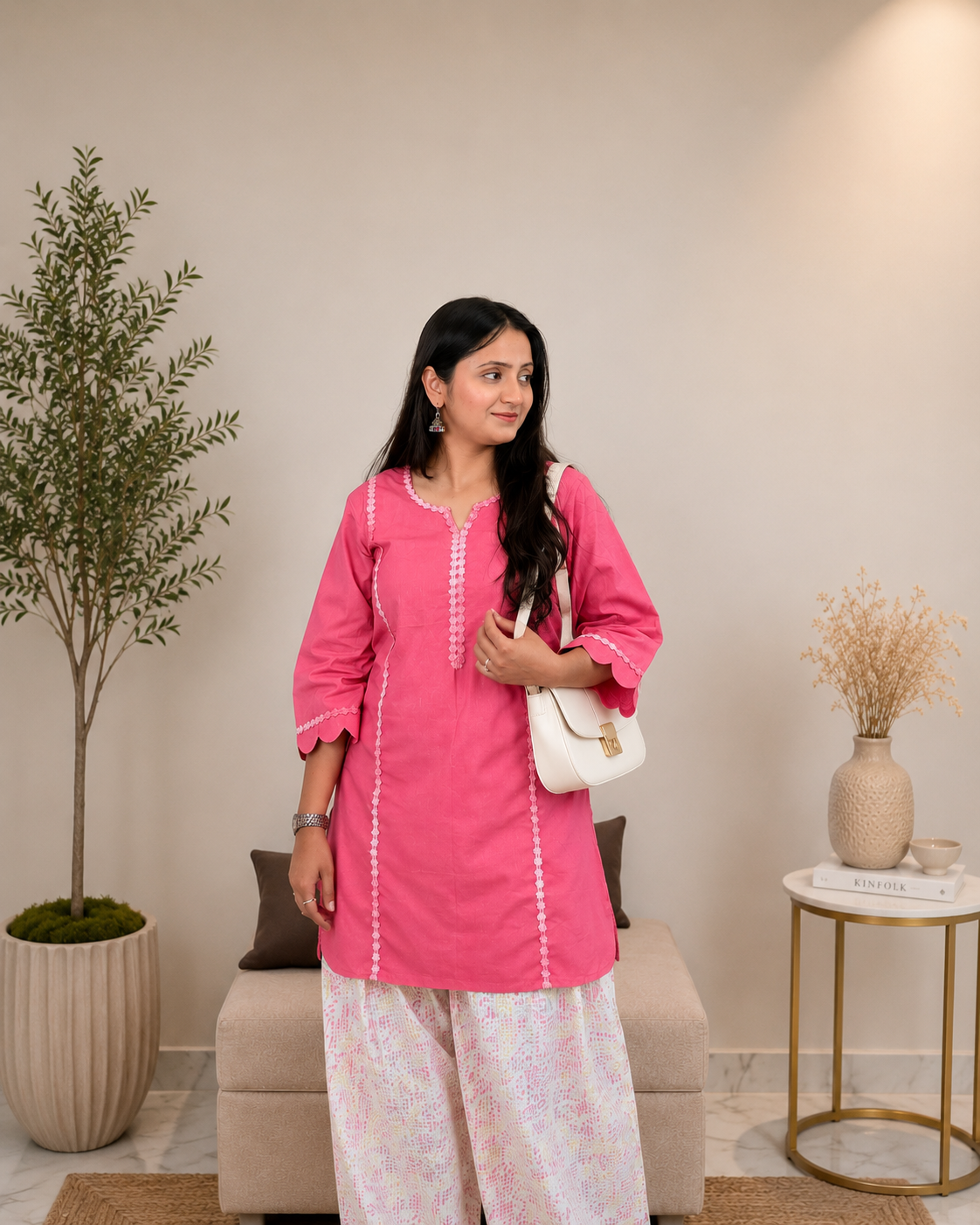 Pink Cotton Kurta Set with Printed Farshi Salwar