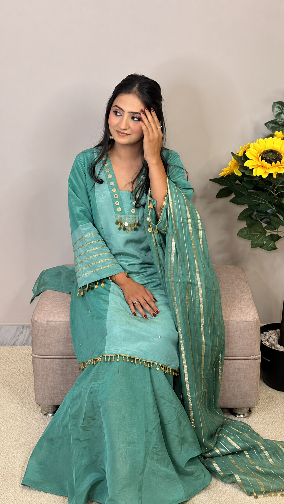 Seafoam Serenity – Embellished Kurta Sharara Set
