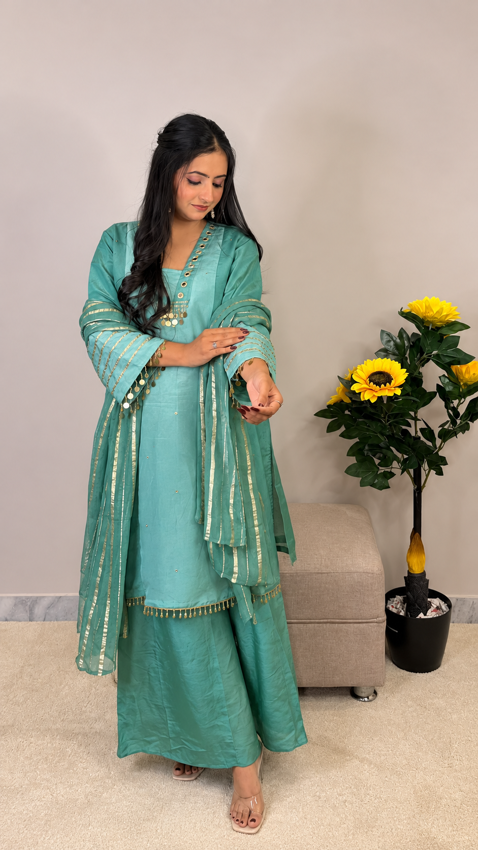 Seafoam Serenity – Embellished Kurta Sharara Set