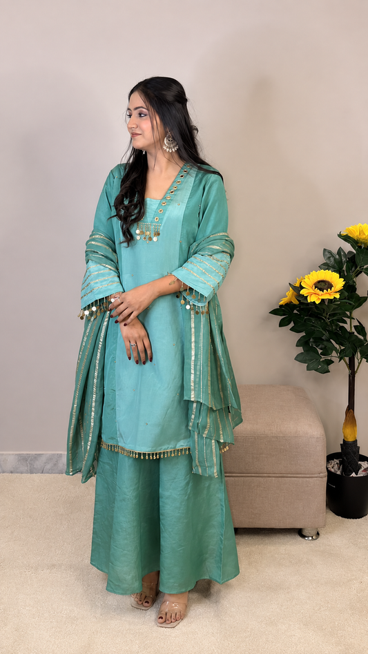 Seafoam Serenity – Embellished Kurta Sharara Set