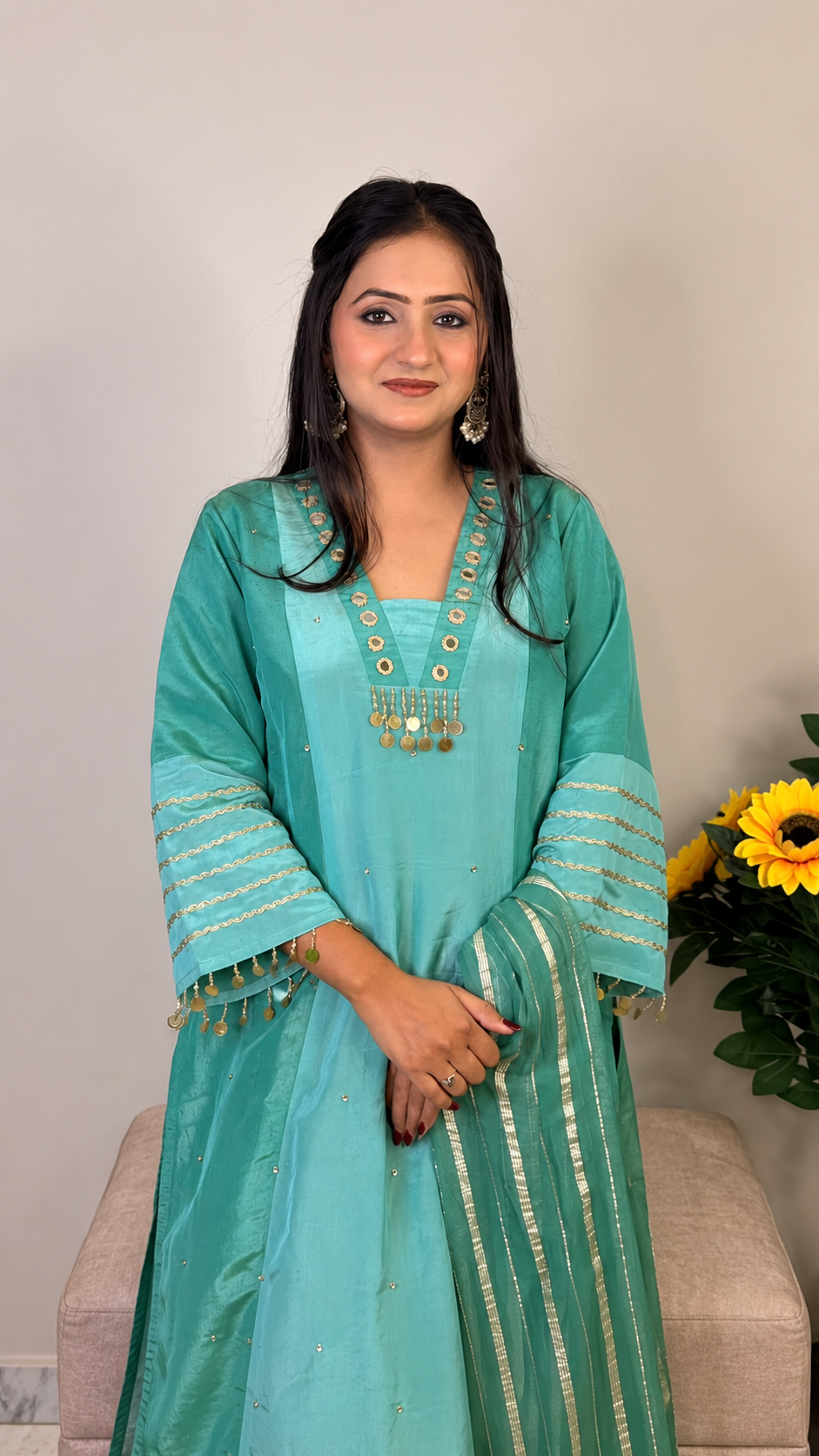 Seafoam Serenity – Embellished Kurta Sharara Set
