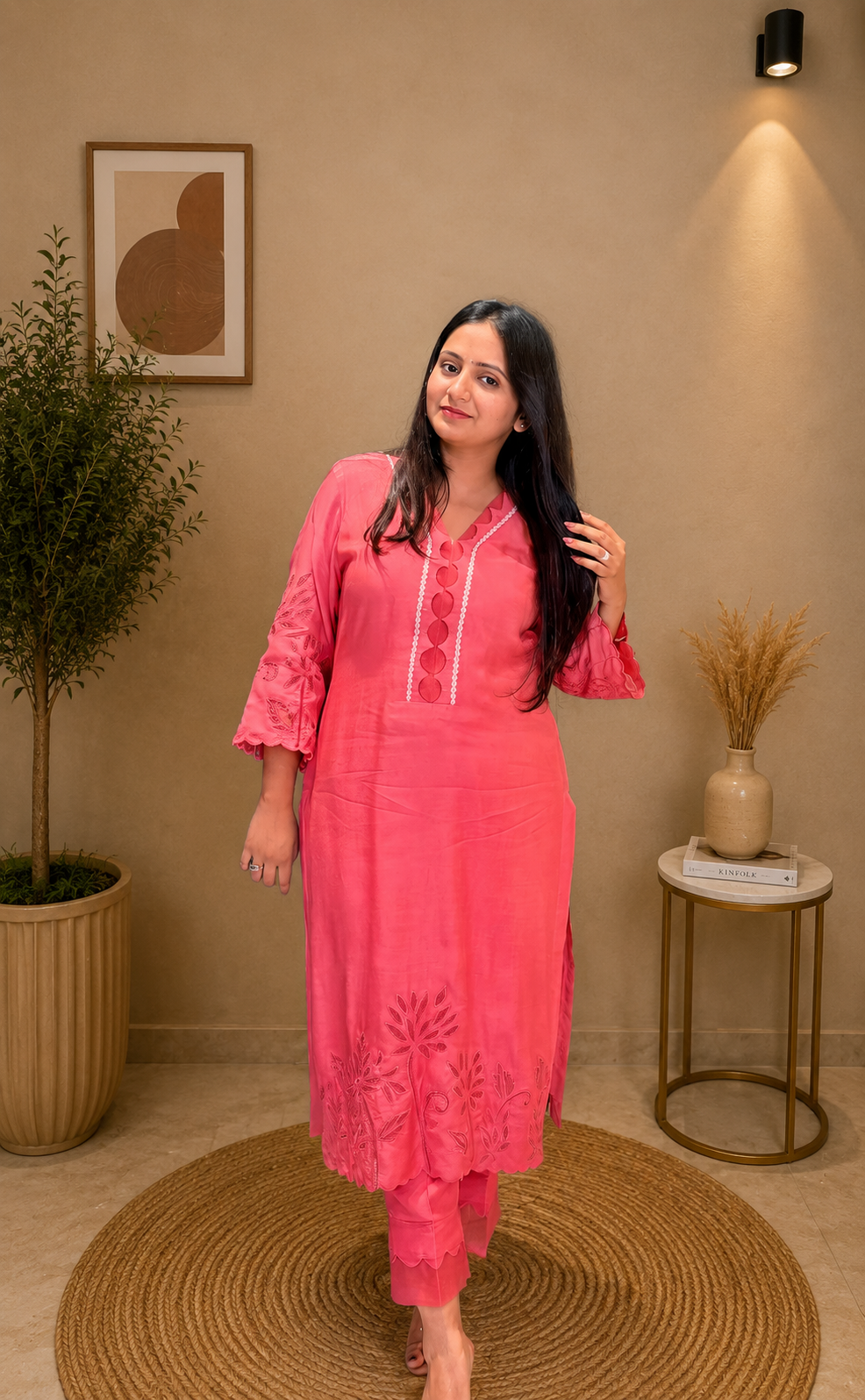 Rose Pink Embroidered Cotton Kurta Set