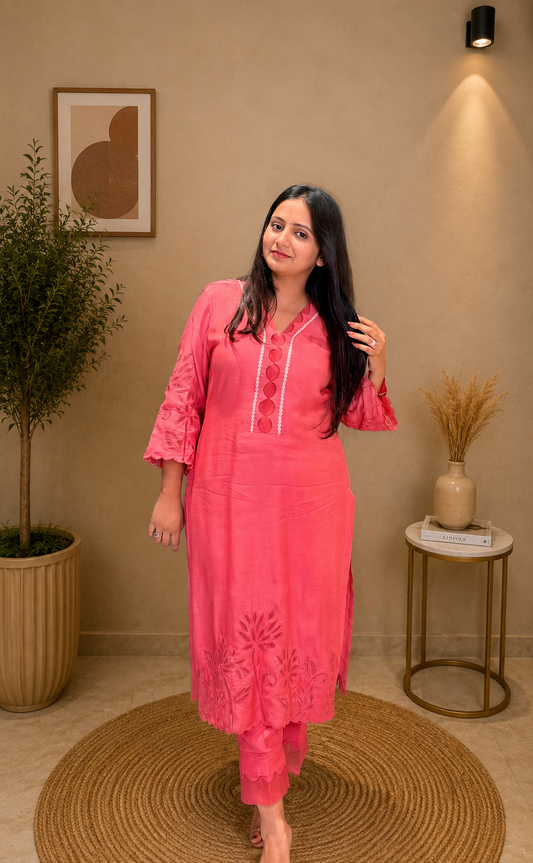 Rose Pink Embroidered Cotton Kurta Set