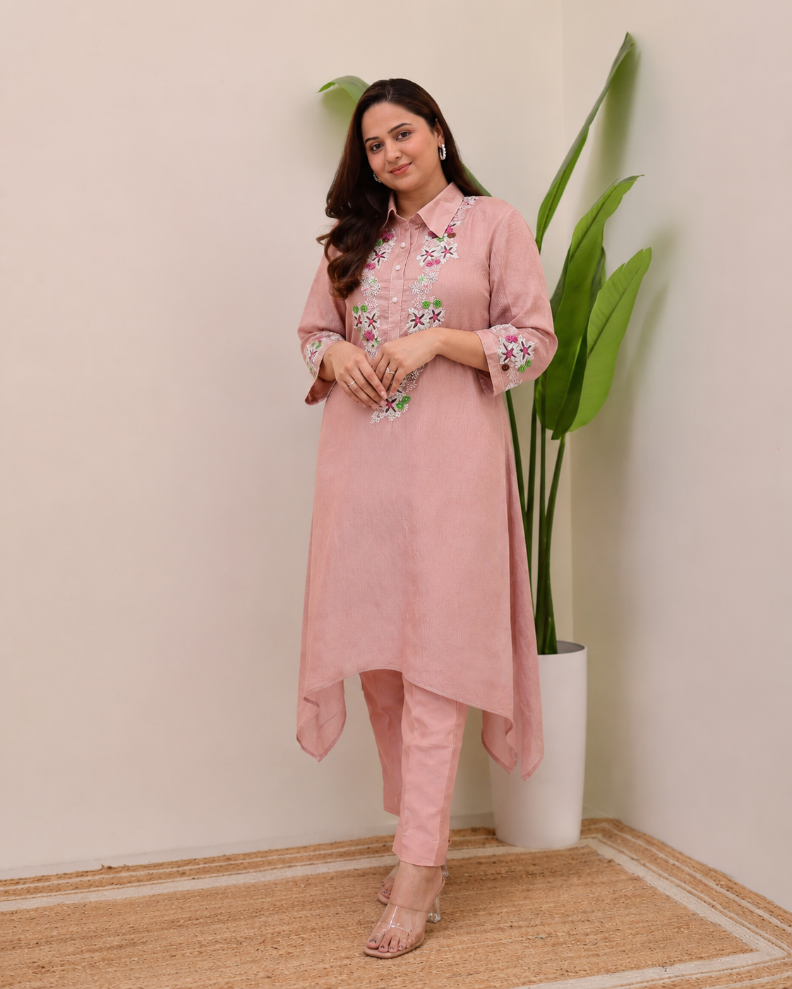 Blush Pink Floral Embroidered Kurta Set
