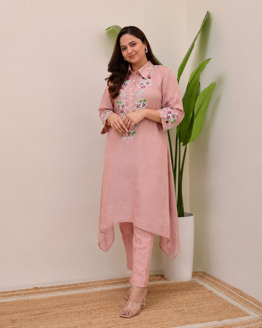 Blush Pink Floral Embroidered Kurta Set