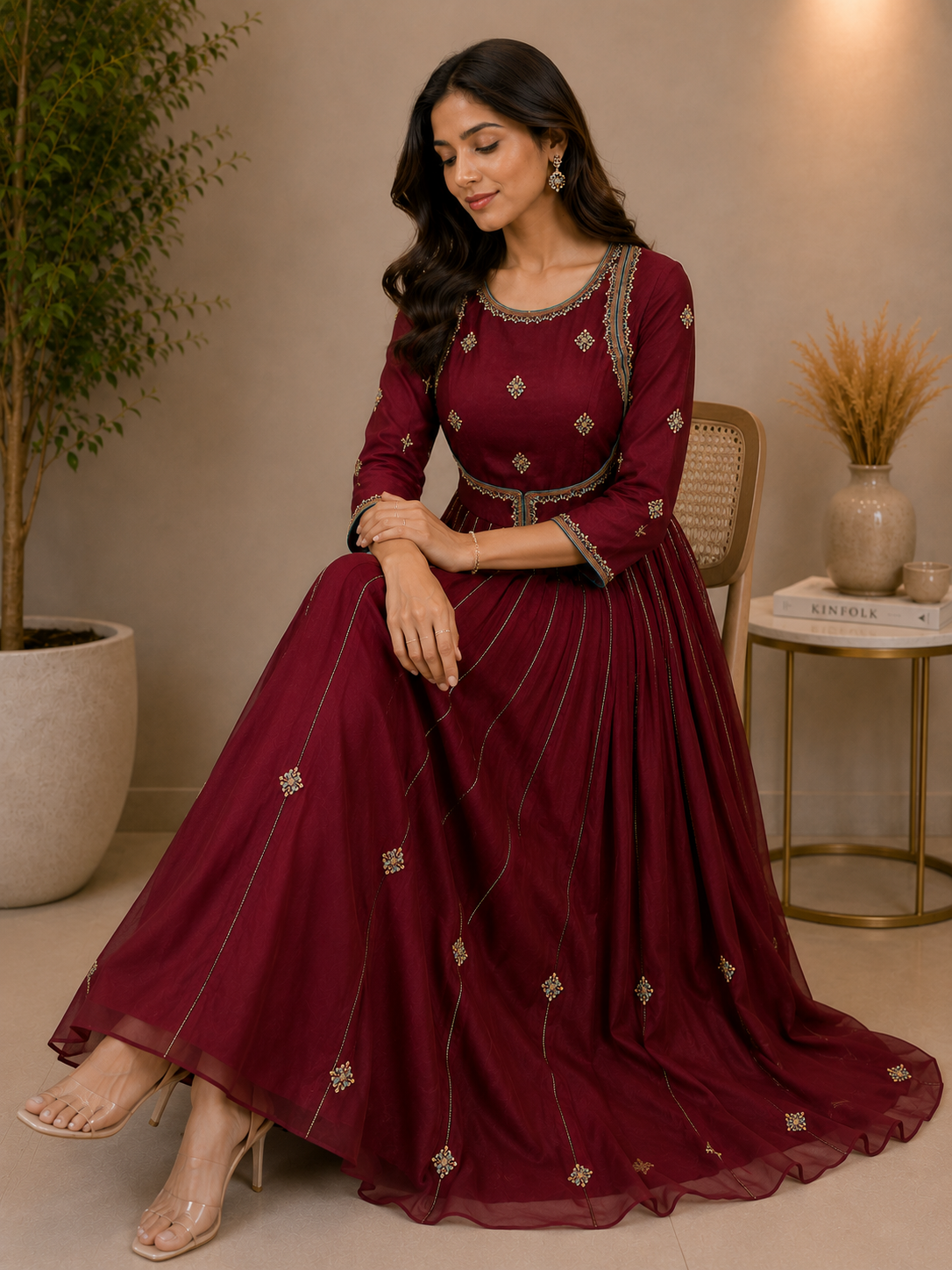Suique Maroon Embroidered Anarkali Gown