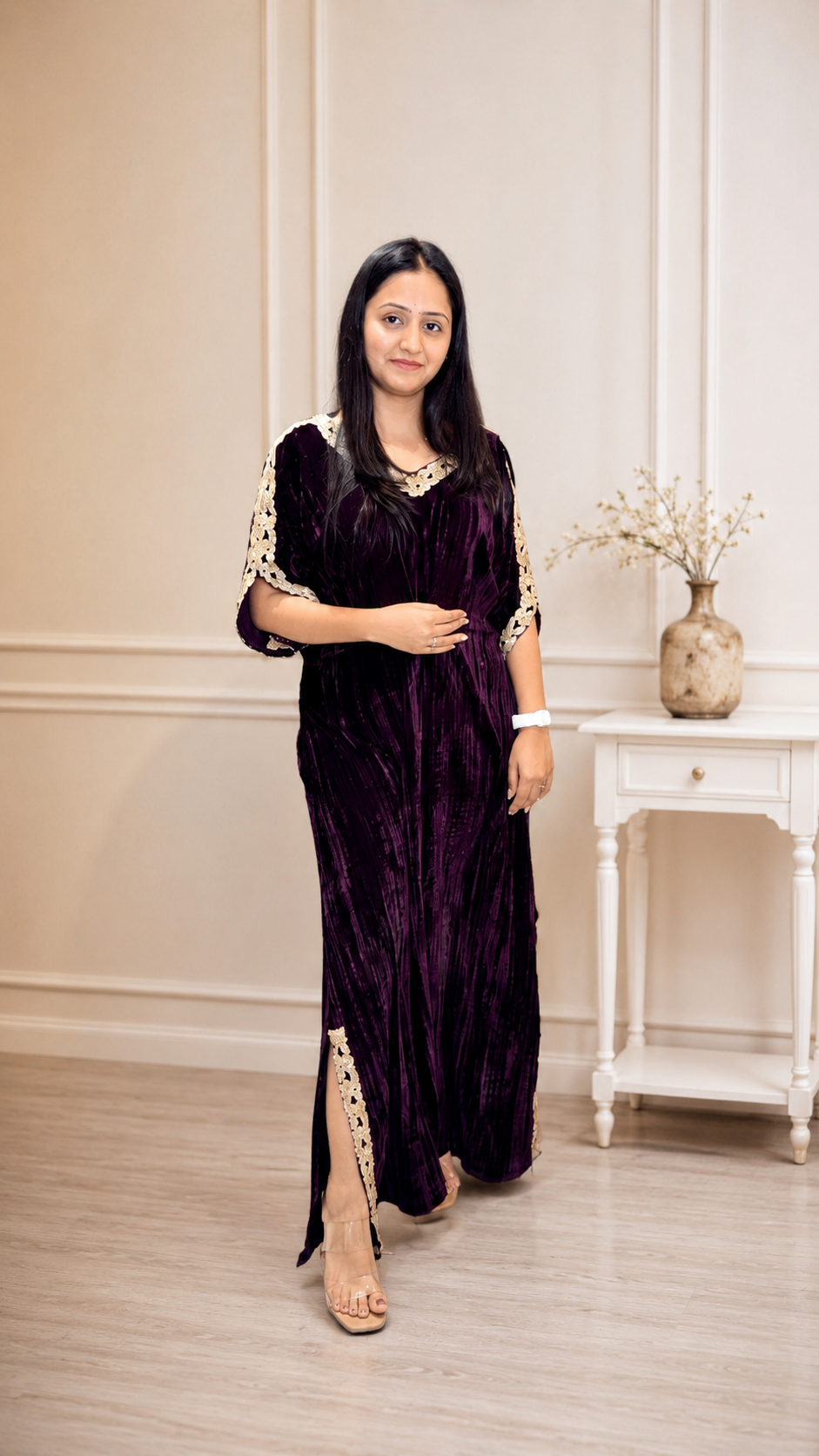 Wine Velvet Kaftan Kurta with Gold Lace Detailing