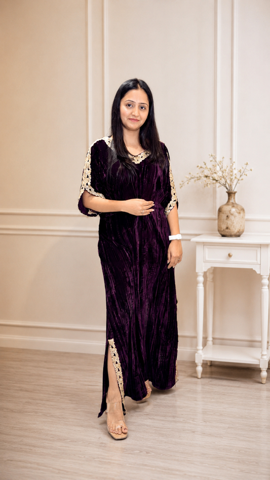 Wine Velvet Kaftan Kurta with Gold Lace Detailing