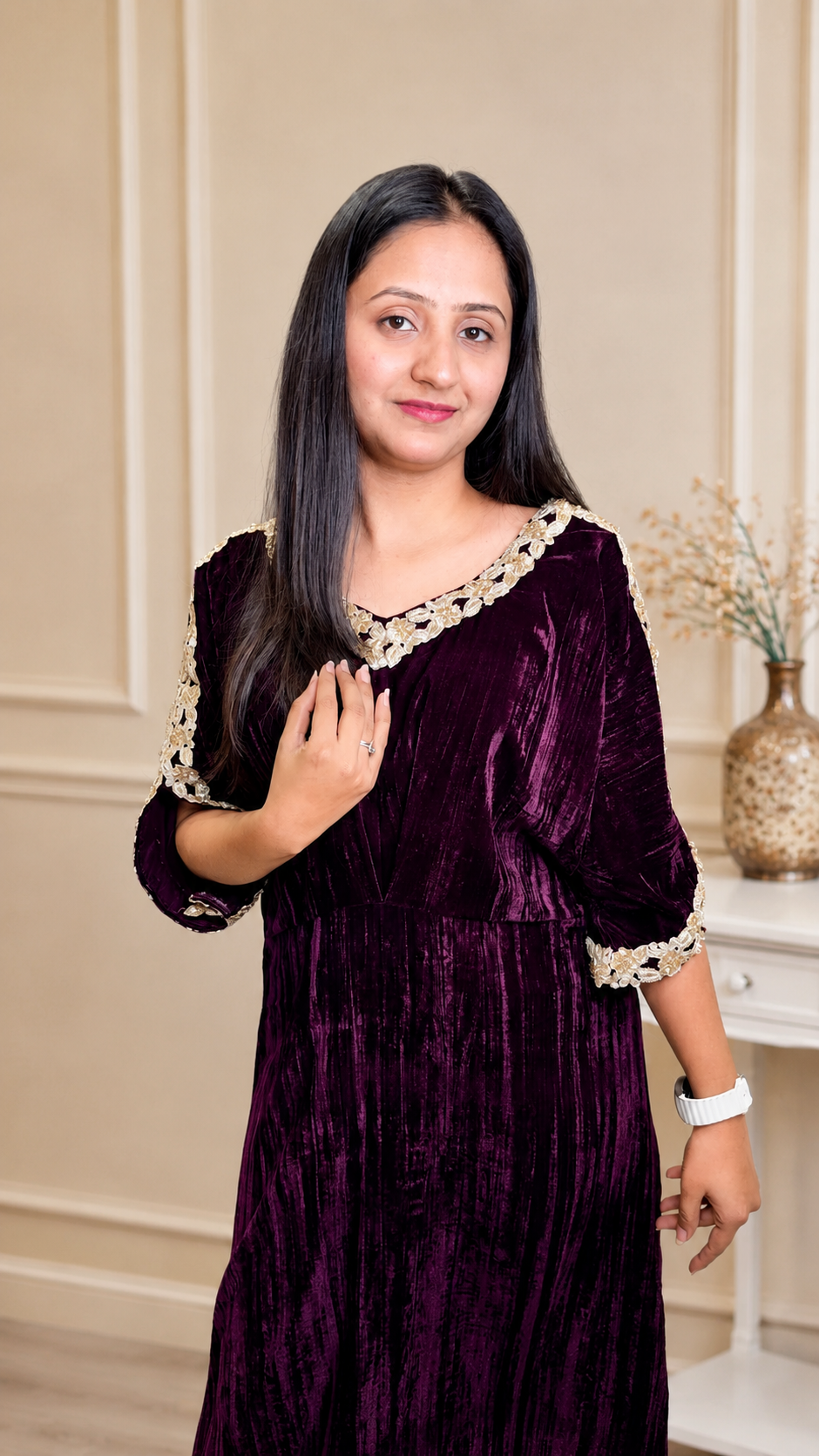 Wine Velvet Kaftan Kurta with Gold Lace Detailing