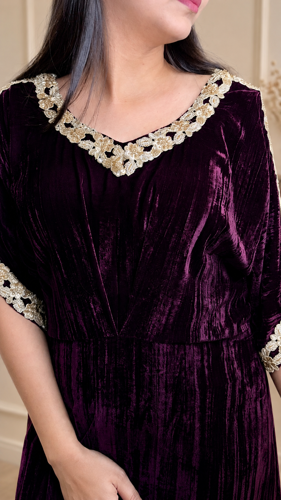 Wine Velvet Kaftan Kurta with Gold Lace Detailing