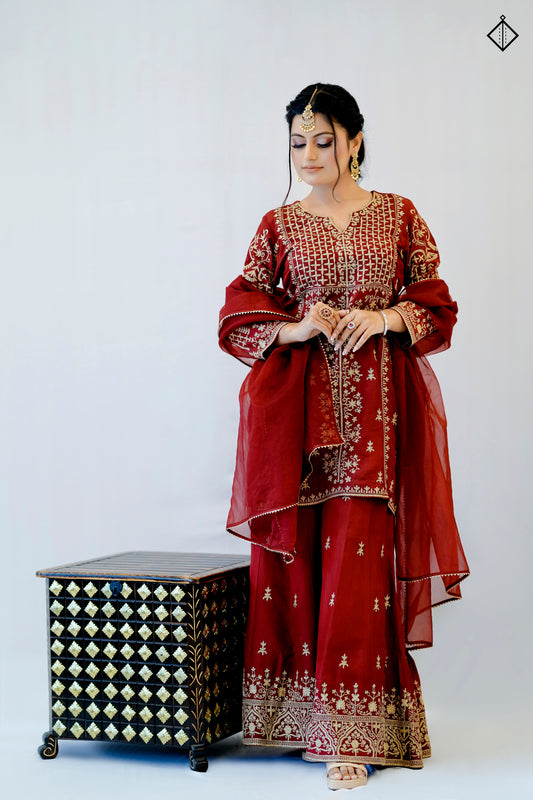 Suique Maroon Embroidered Sharara Set
