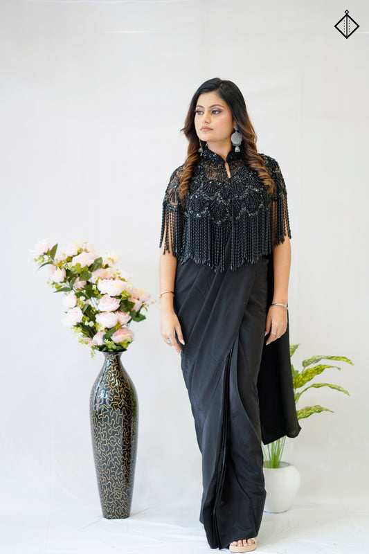 Suique Black Embellished Cape Saree