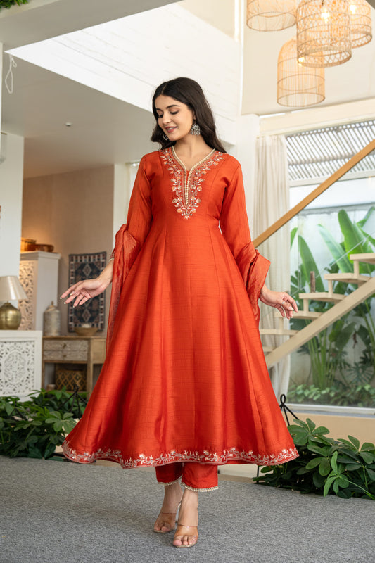 Suique Rust Orange Embroidered Anarkali Set