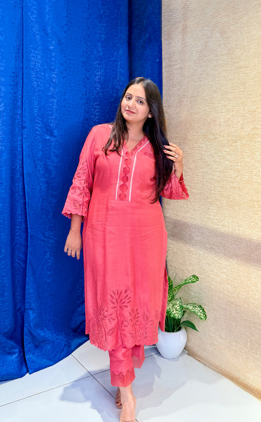Rose Pink Embroidered Cotton Kurta Set
