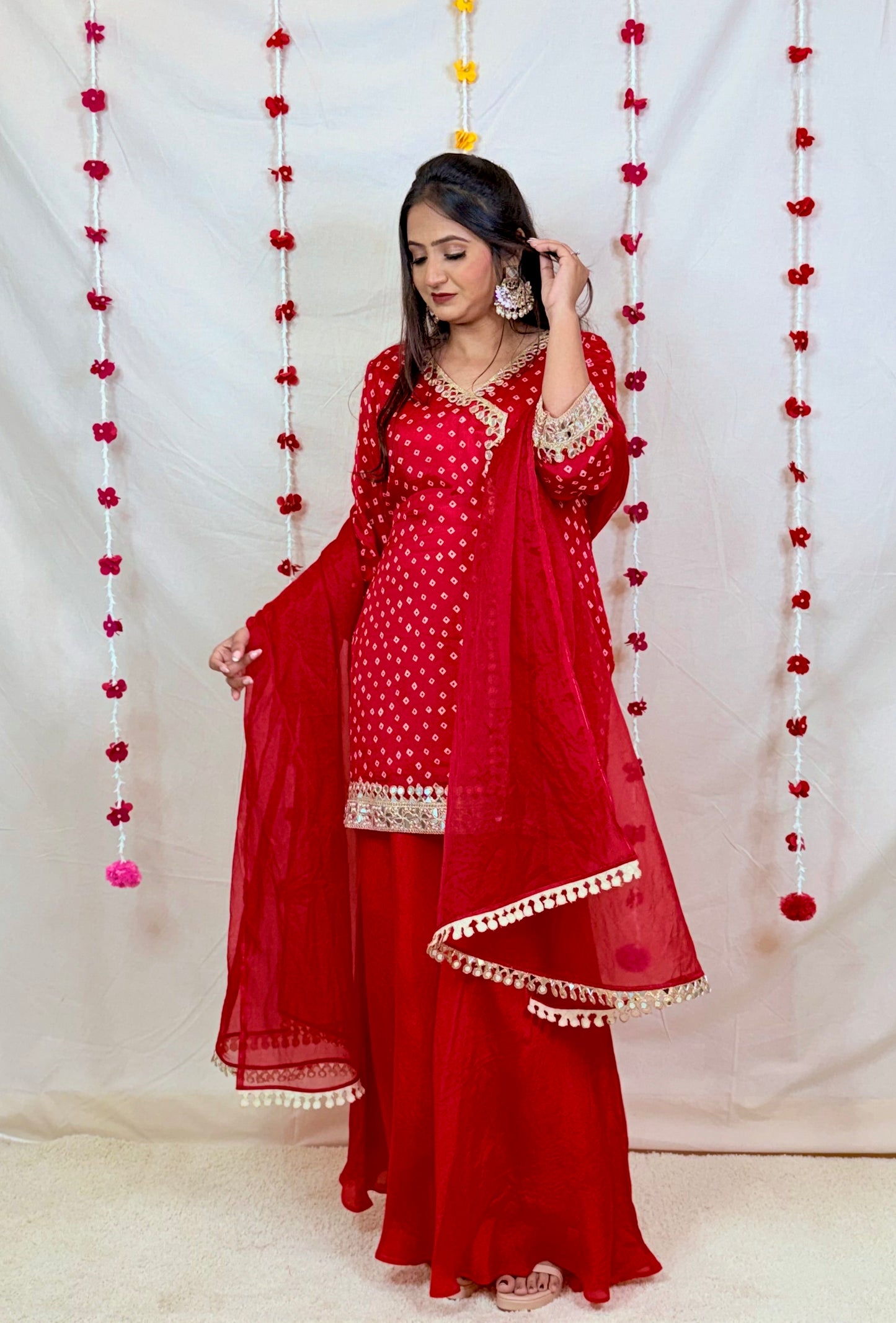 Red Mirror Work Kurta Set with Dupatta